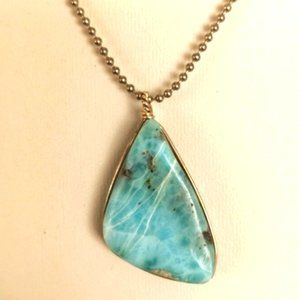 Natural Larimar stone handmade pendant, silver tone ball chain necklace